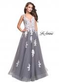 Picture of: Long Tulle Ball Gown with Lace Applique and Side Cut Outs in Gray White, Style: 25624, Main Picture