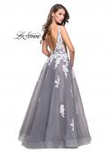 Picture of: Long Tulle Ball Gown with Lace Applique and Side Cut Outs in Gray White, Style: 25624, Back Picture