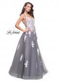 Picture of: Long Tulle Ball Gown with Lace Applique and Side Cut Outs in Gray White, Style: 25624, Detail Picture 1