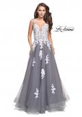 Picture of: Long Tulle Ball Gown with Lace Applique and Side Cut Outs in Gray White, Style: 25624, Detail Picture 2