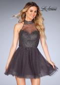 Picture of: Short Tulle Dress with High Neckline and Beading in Gunmetal, Style: 25293, Main Picture
