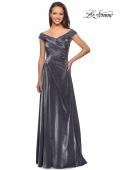 Picture of: Off the Shoulder Satin Gown with Ruching in Gunmetal, Style: 27846, Main Picture