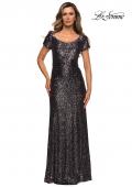 Picture of: Long Sequin Evening Dress with Cap Sleeves in Gunmetal, Style: 27916, Main Picture