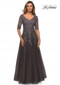 Picture of: Long A-line Dress with Lace Bodice and V-neck in Gunmetal, Style: 27993, Main Picture