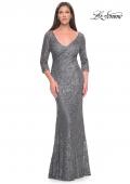 Picture of: Fitted Beaded Lace Evening Gown with Ruching in Gunmetal, Style: 31721, Main Picture