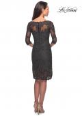 Picture of: 3/4 Sleeve Lace Tea Length Dress with Soft V-Neck in Gunmetal, Style: 25525, Back Picture