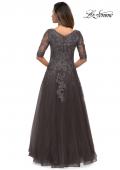 Picture of: Long A-line Dress with Lace Bodice and V-neck in Gunmetal, Style: 27993, Back Picture