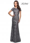 Picture of: Floor Length Short Sleeve Lace Dress in Gunmetal, Style: 27884, Detail Picture 1