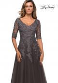 Picture of: Long A-line Dress with Lace Bodice and V-neck in Gunmetal, Style: 27993, Detail Picture 1