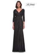 Picture of: Ruched Long Dress with Ruffle Skirt Detail and Sleeves in Gunmetal, Style: 30845, Detail Picture 1