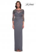 Picture of: Long Jersey Evening Dress with Lace Detail Neckline and Sleeves in Gunmetal, Style: 31093, Detail Picture 1