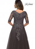 Picture of: Long A-line Dress with Lace Bodice and V-neck in Gunmetal, Style: 27993, Detail Picture 2