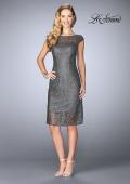 Picture of: Short Lace Dress with Sheer Top Neckline and Hem in Gunmetal, Style: 24905, Main Picture