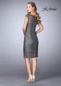 Picture of: Short Lace Dress with Sheer Top Neckline and Hem in Gunmetal, Style: 24905, Back Picture