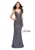 Picture of: Form Fitting Prom Dress with Metallic Beading and V Neck in Gunmetal, Style: 26054, Main Picture