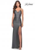 Picture of: Rhinestone Jersey Dress with Slit and Ruching in Gunmetal, Style: 31123, Detail Picture 8