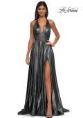 Picture of: A-line Metallic Net Jersey Halter Gown with High Slit in Gunmetal, Style: 32917, Detail Picture 8