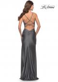 Picture of: Rhinestone Jersey Dress with Slit and Ruching in Gunmetal, Style: 31123, Detail Picture 9