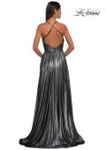 Picture of: A-line Metallic Net Jersey Halter Gown with High Slit in Gunmetal, Style: 32917, Detail Picture 9