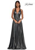 Picture of: A-line Metallic Net Jersey Halter Gown with High Slit in Gunmetal, Style: 32917, Detail Picture 10