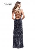 Picture of: Long Velvet Patterned Dress with Open Strappy Back in Gunmetal, Style: 25512, Back Picture
