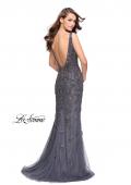 Picture of: Form Fitting Prom Dress with Metallic Beading and V Neck in Gunmetal, Style: 26054, Back Picture