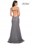 Picture of: Open Back Stretch Lace Long Prom Dress in Gunmetal, Style: 27709, Back Picture
