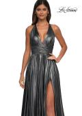 Picture of: A-line Metallic Net Jersey Halter Gown with High Slit in Gunmetal, Style: 32917, Detail Picture 22