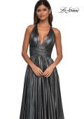 Picture of: A-line Metallic Net Jersey Halter Gown with High Slit in Gunmetal, Style: 32917, Detail Picture 24
