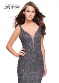 Picture of: Form Fitting Prom Dress with Metallic Beading and V Neck in Gunmetal, Style: 26054, Detail Picture 1