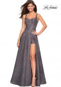 Picture of: Long Lace Prom Dress with Attached Shorts in Gunmetal, Style: 27476, Back Picture