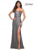 Picture of: Strapless Sweetheart Metallic Jersey Gown with Slit in Silver, Style: 29855, Detail Picture 1