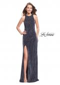 Picture of: Beaded Velvet Patterned Long Prom Dress with Slit in Gunmetal, Style: 26116, Detail Picture 2