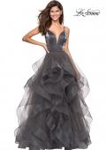 Picture of: Cascading Tulle Gown with Satin Top and V Back in Gunmetal, Style: 27502, Detail Picture 2