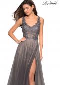 Picture of: Long Tulle Gown with Embellished Sheer Bodice in Gunmetal, Style: 27574, Detail Picture 2