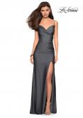 Picture of: Classic Long Jersey Gown with Side Ruching and Slit in Gunmetal, Style: 27626, Detail Picture 2