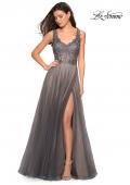 Picture of: Long Tulle Gown with Embellished Sheer Bodice in Gunmetal, Style: 27574, Detail Picture 5