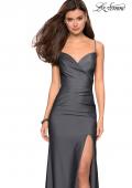 Picture of: Classic Long Jersey Gown with Side Ruching and Slit in Gunmetal, Style: 27626, Detail Picture 6