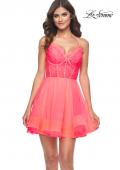 Picture of: Short Dress with Flared Skirt and Sheer Lace Bodice in Hot Coral in Hot Coral, Style: 31469, Main Picture