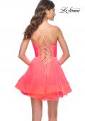 Picture of: Short Dress with Flared Skirt and Sheer Lace Bodice in Hot Coral in Hot Coral, Style: 31469, Back Picture