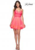 Picture of: Short Dress with Flared Skirt and Sheer Lace Bodice in Hot Coral in Hot Coral, Style: 31469, Detail Picture 1