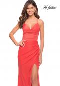 Picture of: Chic Long Net Jersey Dress with Lace Up Back in Hot Coral in Hot Coral, Style: 30680, Main Picture