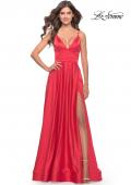 Picture of: A-Line Satin Gown with Ruched Bodice and V Neck in Neon in Hot Coral, Style: 31121, Main Picture