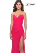 Picture of: Long Ruched Jersey Gown with V Neckline in Neon in Hot Coral, Style: 31224, Main Picture