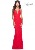 Picture of: Fitted Stretch Lace Prom Dress with Banded Waist in Neon in Hot Coral, Style: 31417, Main Picture