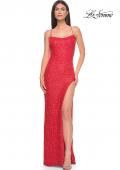 Picture of: Simple Stretch Sequin Gown with High Circle Slit in Bright Colors in Hot Coral, Style: 31432, Main Picture