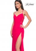Picture of: Sheer Lace Side Panel Jersey Long Dress in Hot Coral in Hot Coral, Style: 31440, Main Picture