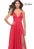 Picture of: A-Line Satin Gown with Ruched Bodice and V Neck in Neon in Hot Coral, Style: 31121, Detail Picture 8