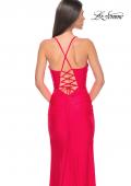 Picture of: Ruched Jersey Prom Dress with Slit in Hot Coral, Style: 31131, Detail Picture 8