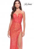 Picture of: Sequin Prom Dress with Ruching and Open Tie Back in Hot Coral, Style: 31349, Detail Picture 8
